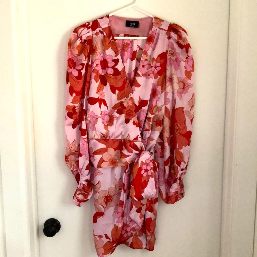 Vici Floral Long Sleeve Dress in Red and Pink